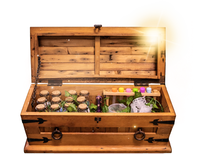 Open wooden chest with magical potions kit inside.